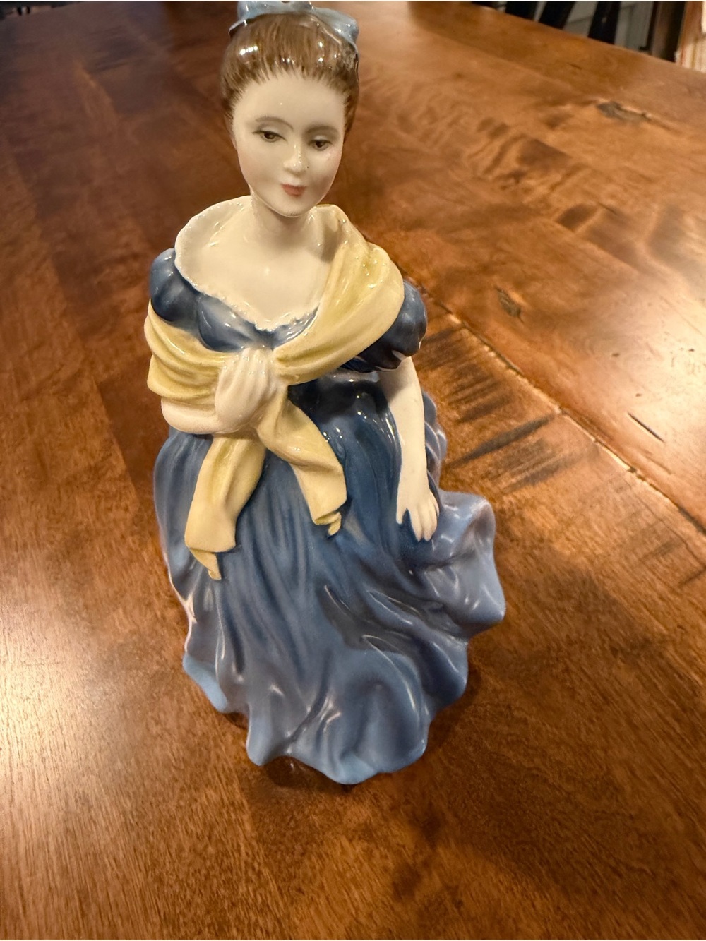 Porcelain Lady Figurine in Blue Dress with Yellow Shawl